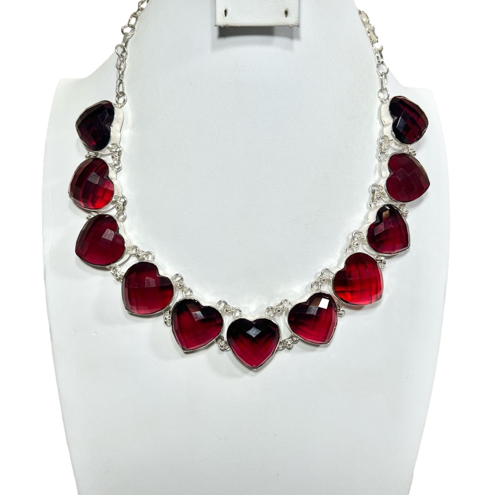 Garnet faceted Hearts 925 Synthetic  large Necklace
